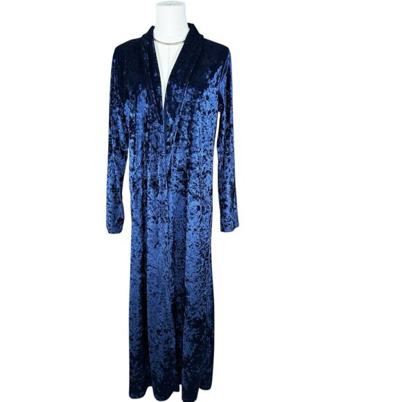 Navy Blue Jewel Tone Crushed Velvet Longline Cardigan Duster | Open Front | Sm - Picture 2 of 10